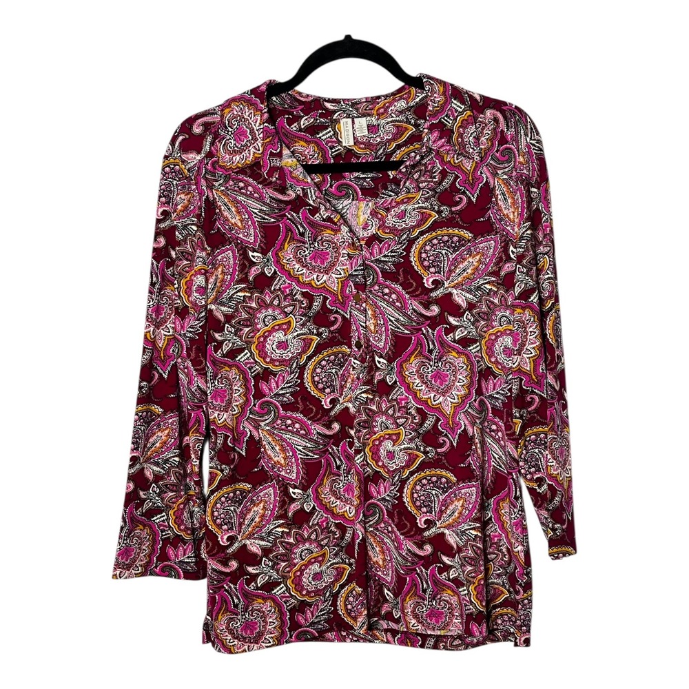 Madison Womens Paisley Blouse Burgundy Pink 3/4 Sleeve Button Front Top Size L - Picture 7 of 7